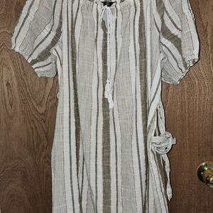 Primark Ivory and Tan Striped Midi Dress with Waist Tie